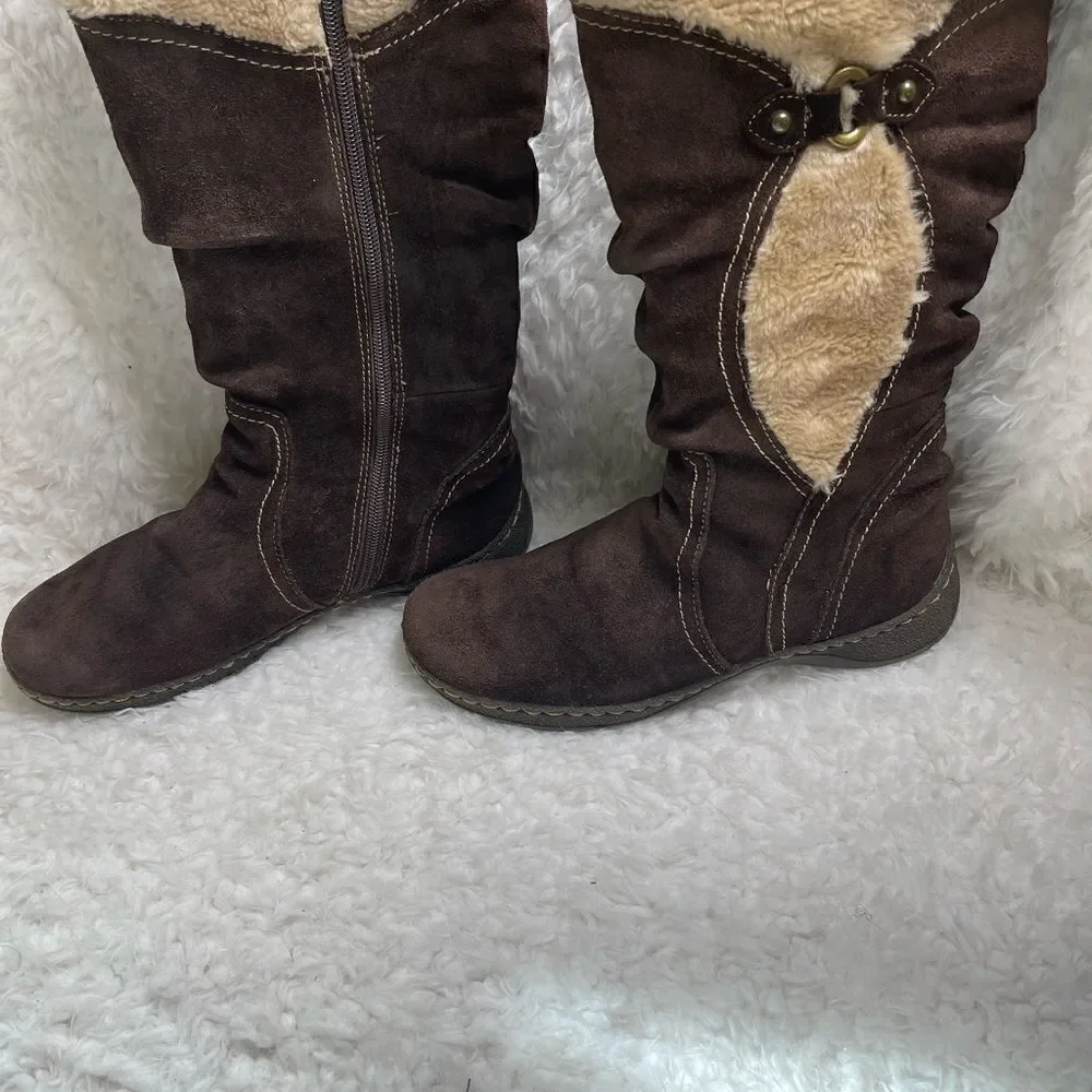 BareTraps Ellery leather suede Brown mid calf boots with faux fur lining SZ9W
